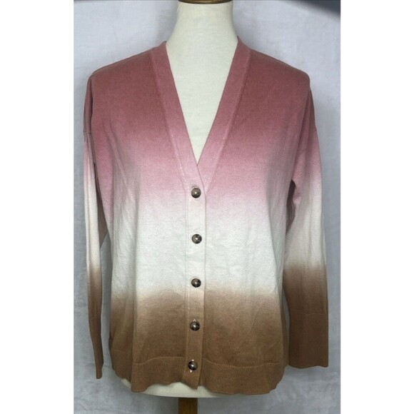 J. Jill Dip Dyed Ombre Cardigan Sweater Sunset Pink Cream Brown Size Small - Picture 2 of 9